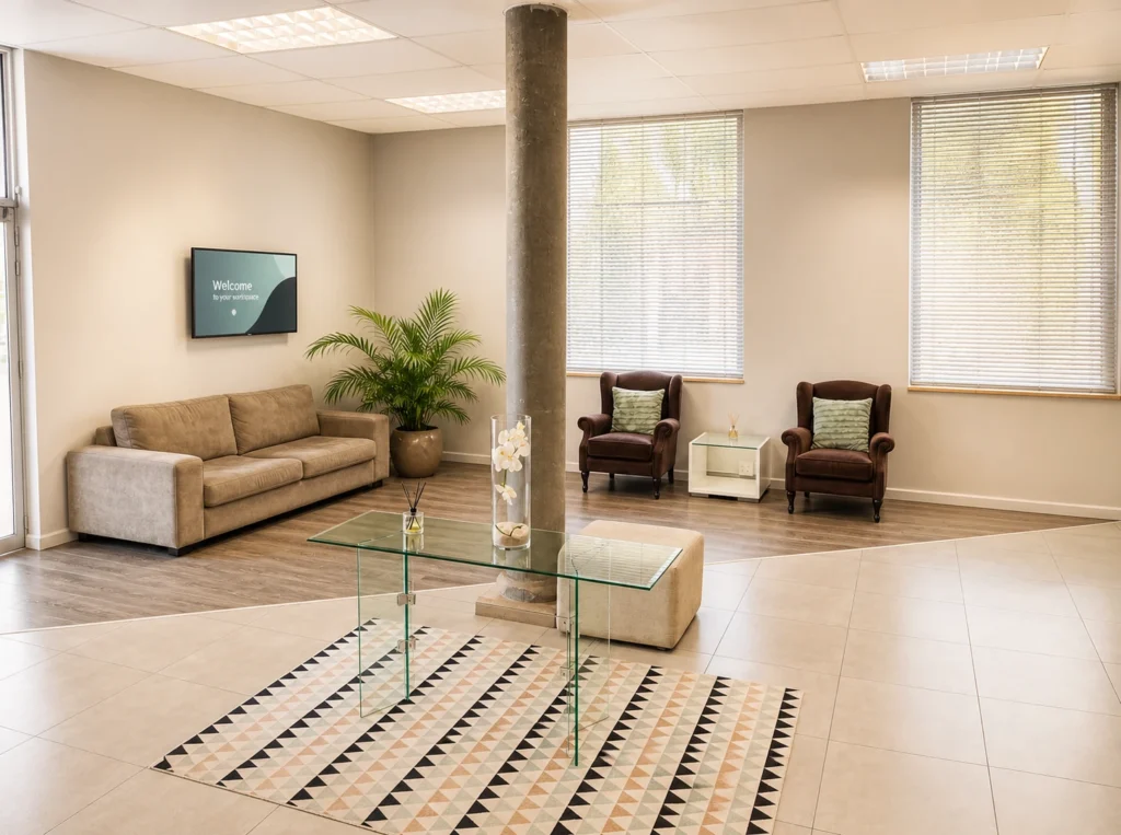Reception lounge with seating at Miracle Park Office Suites, Centurion