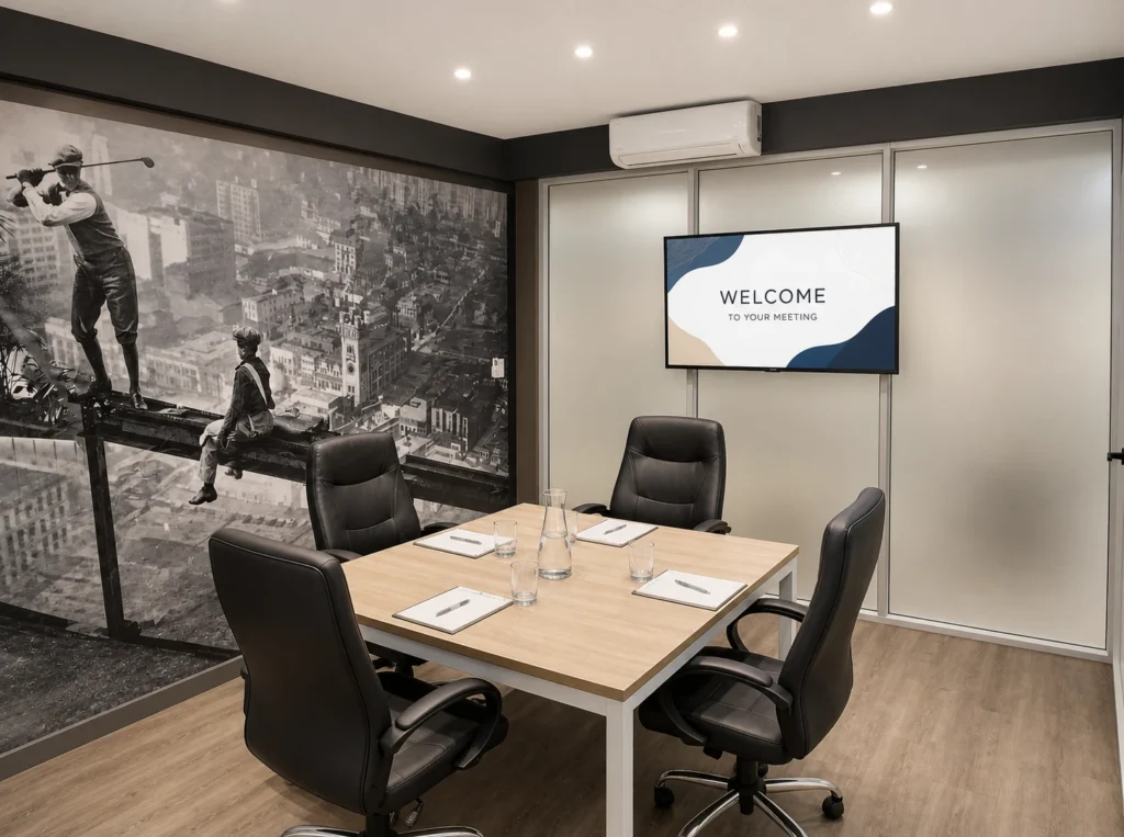 Boardroom with meeting table and screen at Miracle Park Office Suites, Centurion